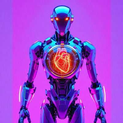 The primary subject of the image is a futuristic robot with a heart-shaped display on its chest. The robot is standing in a purple environment, which adds a sense of depth and contrast to the scene. The visual style of the image is digital art, as it appears to be a computer-generated or digitally rendered creation. The dominant colors in the image are purple and blue, which contribute to the overall mood of the scene, evoking a sense of mystery and intrigue.
